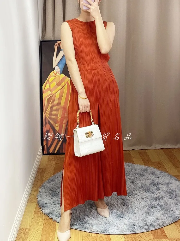 HOT SELLING Miyake fold Pure color o-neck fashion Back zipper jumpsuits wide-legged pants  IN STOCK