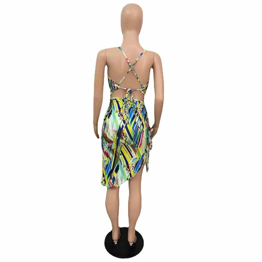 

Spaghetti Strap Tie Dye Print Bodycon Mini Dress Women Strapless Ruched Drawstring Wrap Dress Summer Backless Party Sundresses