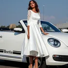 Пляжное Короткое свадебное платье, с рукавами, длиной до середины икры, винтажное, из мягкого атласа, элегантное, новинка размера плюс