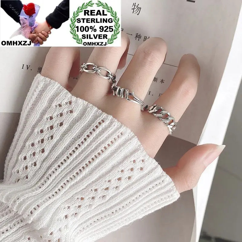 

OMHXZJ Wholesale HC172 European Fashion Hot Woman Birthday Party Gift Vintage Geometric Chain 100% 925 Sterling Silver Open Ring