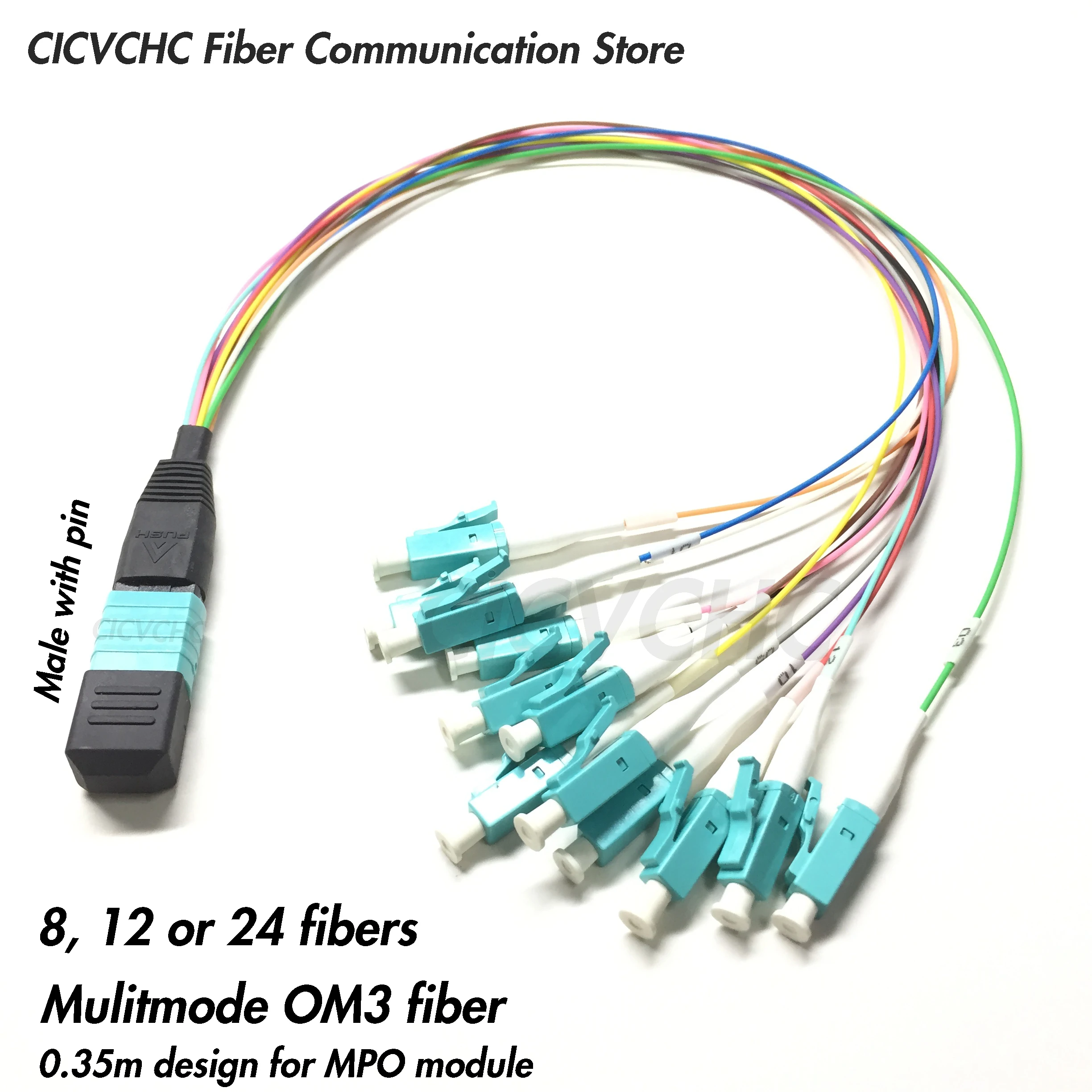 MPO/UPC (папа с булавкой) Fanout LC/UPC OM3 0.35m 8 12 24 Fibers 0.9mm цветная трубка|Оптоволоконное