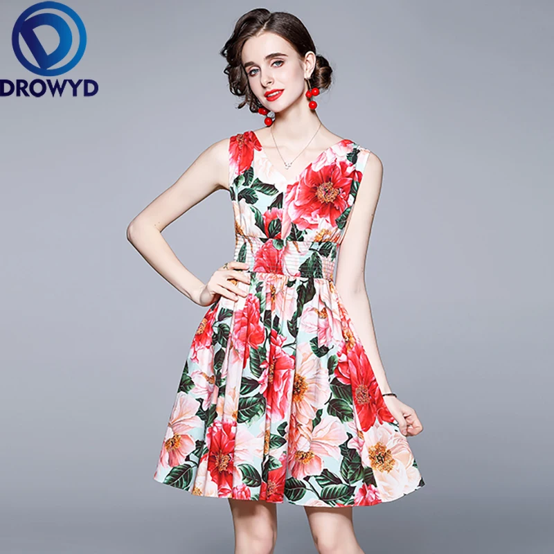 

2021 Summer Fashion Runway Dress Sexy V-Neck Sleeveless Elastic Waist Red Rose Print Holiday Boho Mini Dresses Party Vestidos
