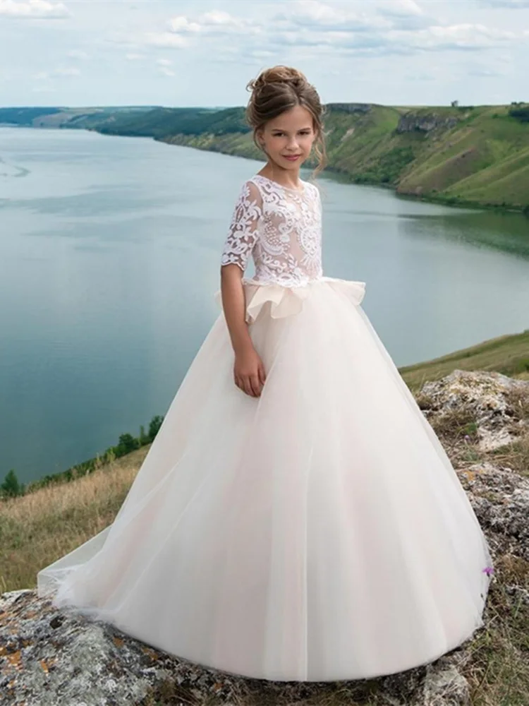 

Tiered Flower Girl Dresses Lace First Communion Kids Wedding Party Gown Toddler Birthday Princess Special Occasion Wears