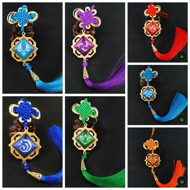 Genshin Impact Mondstadt Tassels Keychains Metal Jewelry Cosplay Key Chain 7 Element Weapons Luminous Eye Of God Key Ring Gift