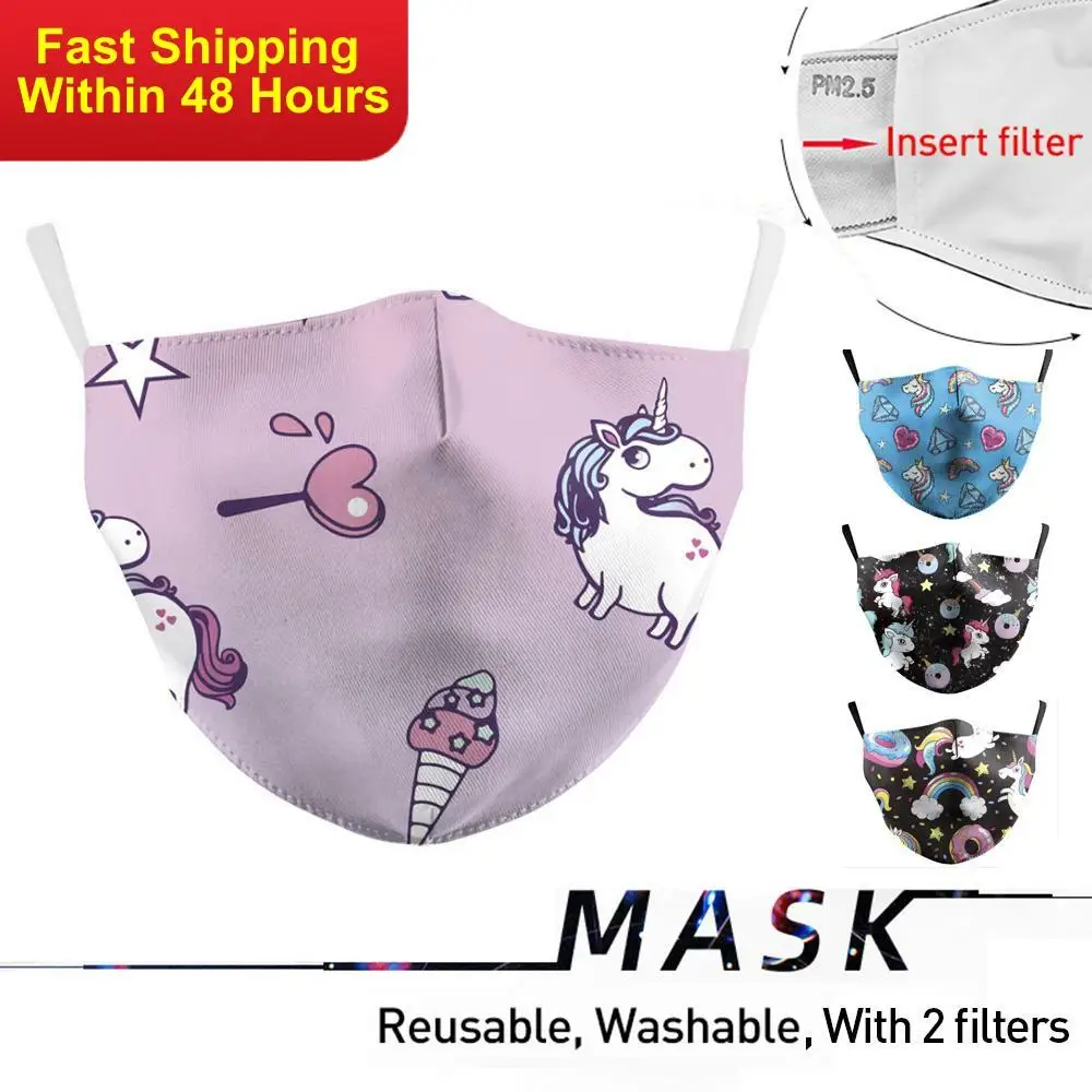 

Zawaland Adults Printing Cartoon Unicorn Face Masks Reusable Washable Protective PM2.5 Filter Mouth Cover Windproof Mouth-muffle