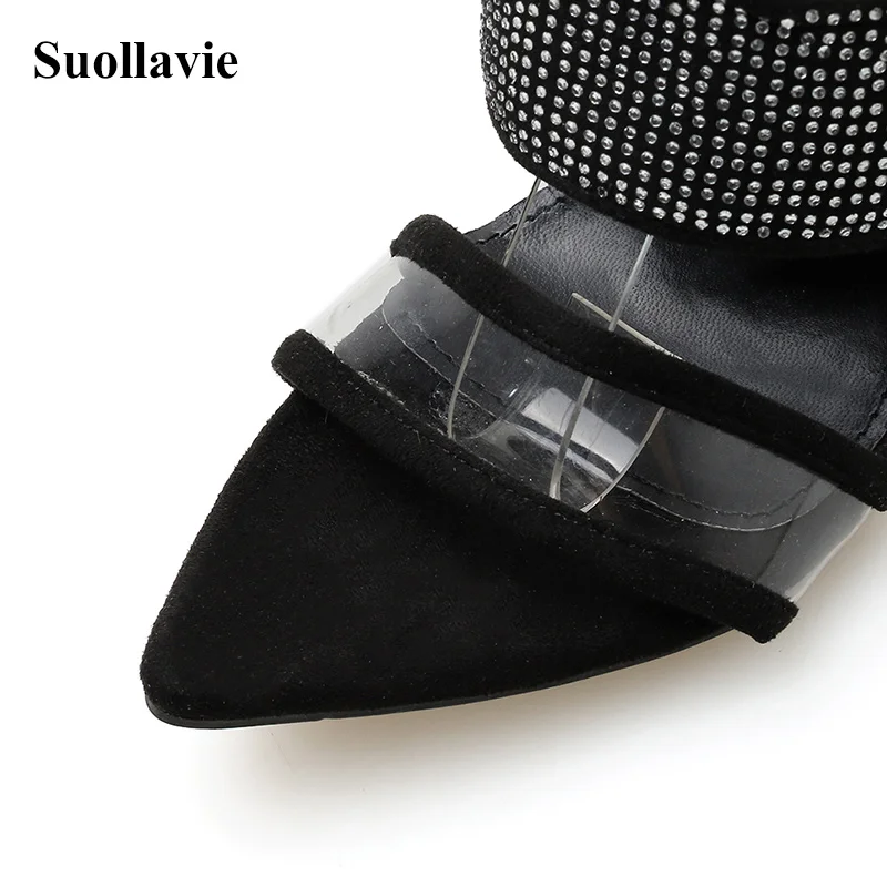 Женские ботильоны с острым носком черные ботинки из ПВХ прозрачным ремешком и