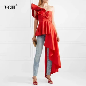 Женская Асимметричная рубашка VGH, элегантная рубашка с косым воротником, рукавом-бабочкой и оборками, ажурная рубашка с высокой талией и рюшами, в женском стиле