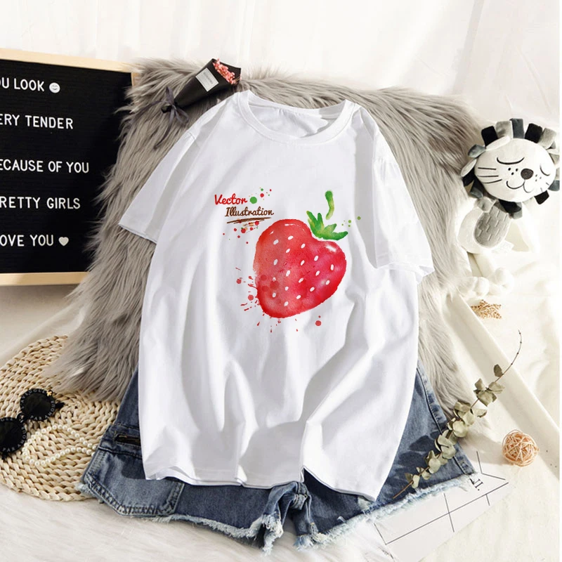 

Women's T-shirt cute strawberry apple funny printed T-shirt fashion casual white T-shirt ladies summer casual T-shirt