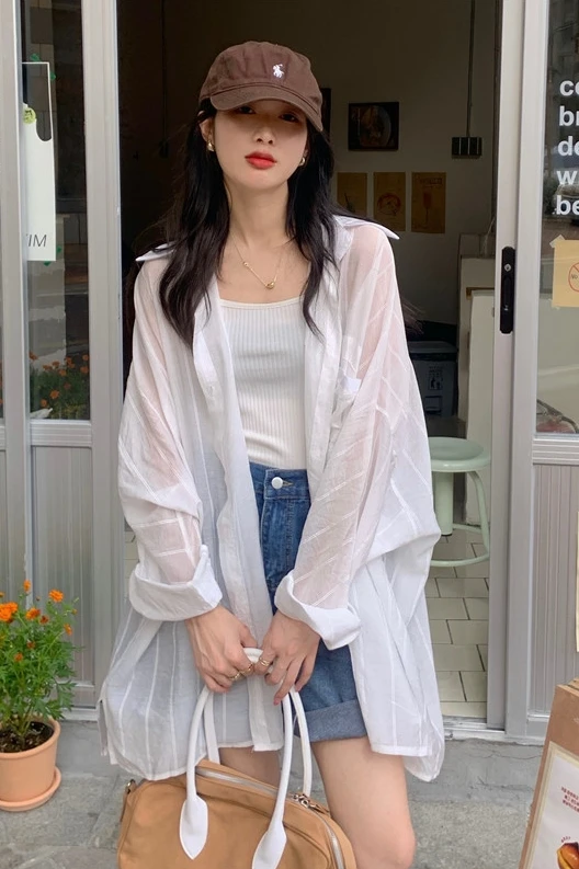 

Shirt Womens Tops Summer 2021 New Office Lady Korea Style Casual Striped Full Sleeve Loose Turn-down Collar Thin Women Shirts