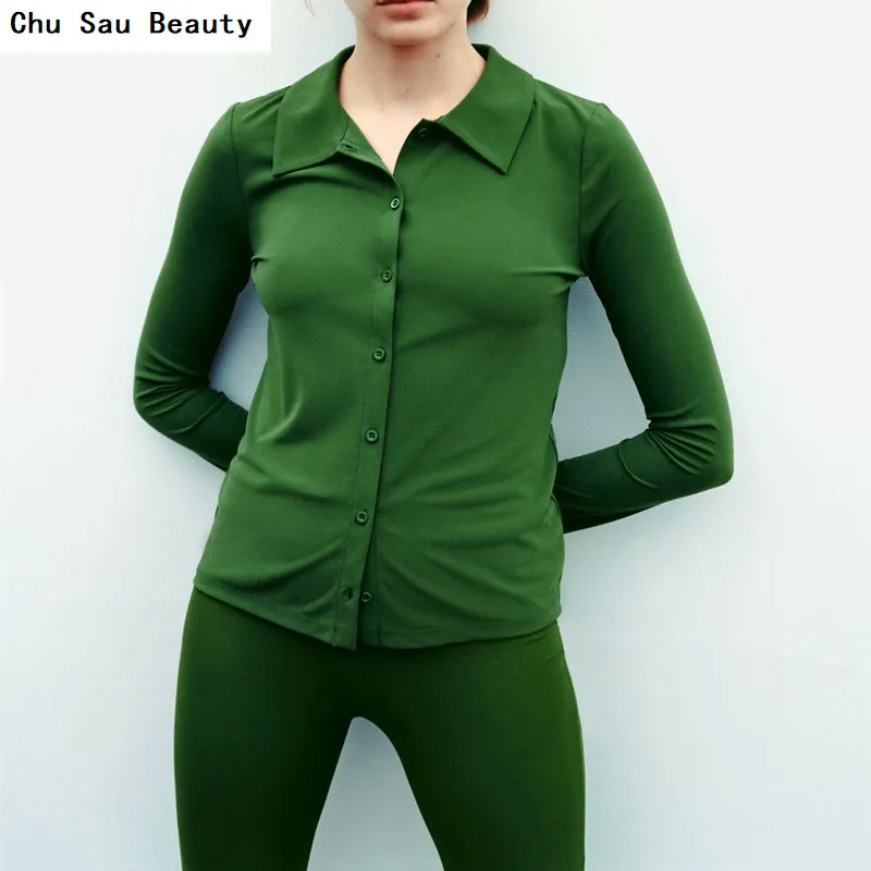 

Женская рубашка с отложным воротником Chu Sau Beauty, зеленая однобортная приталенная офисная рубашка в стиле ретро, повседневный Топ с длинным р...