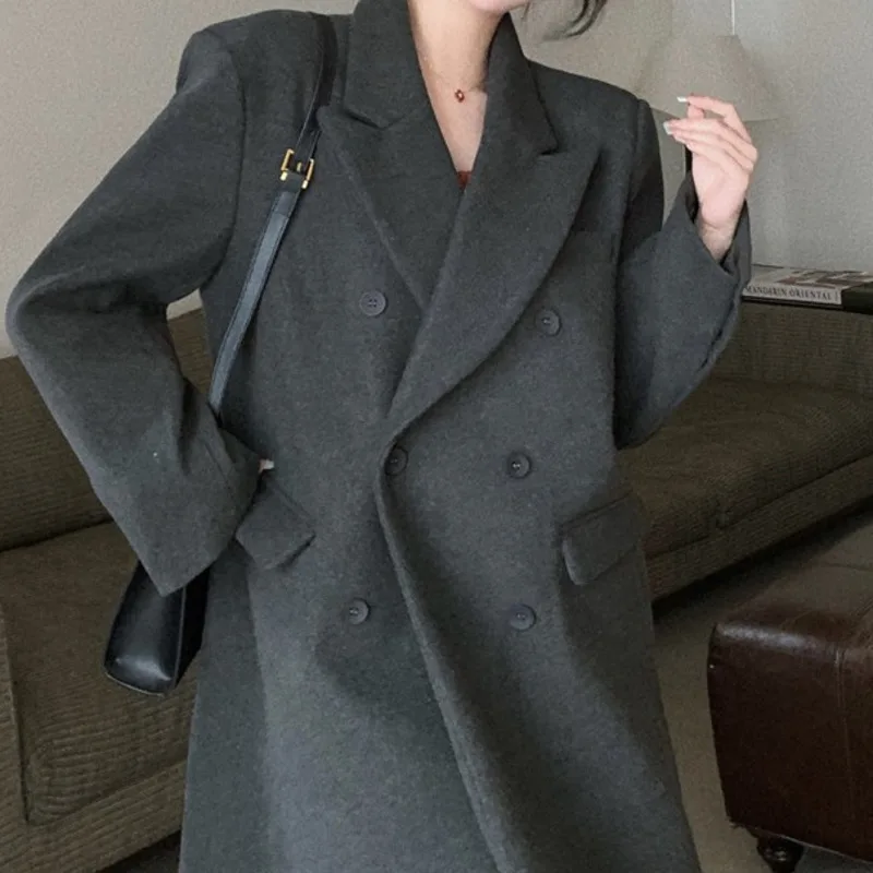 

Женское пальто средней длины, свободное серое утепленное шерстяное пальто с карманами, Женский костюм на осень и зиму, шерстяное пальто