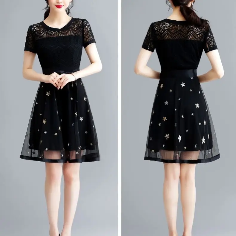 

Women's Spring Summer Style Mesh Dress Women's Lace Embroidery Printed Short Sleeve O-neck Elegant Dress SS1817