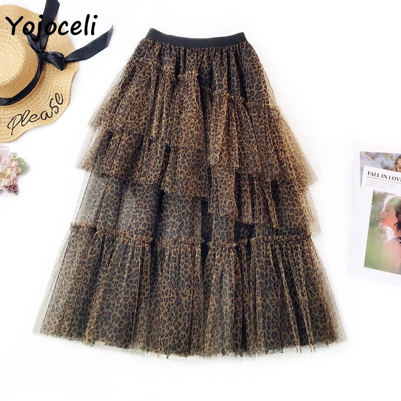 Yojoceli леопардовая юбка сетчатая гофрированная Юбка-миди Женская Лоскутная