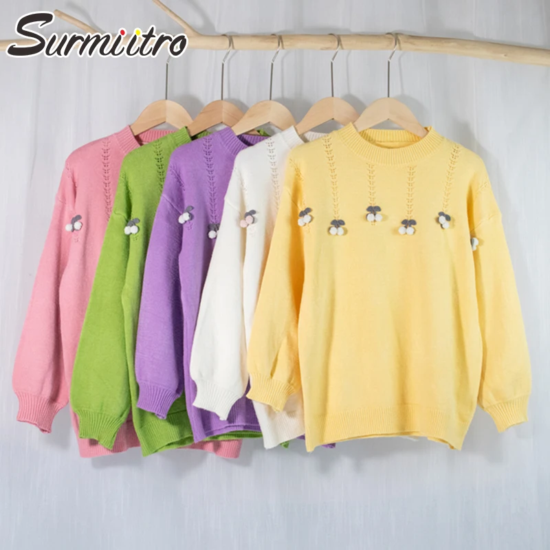 

SURMIITRO вязаный свитер для женщин 2021 мода осень зима корейский стиль вышивка желтый длинный рукав пуловер женский трикотаж