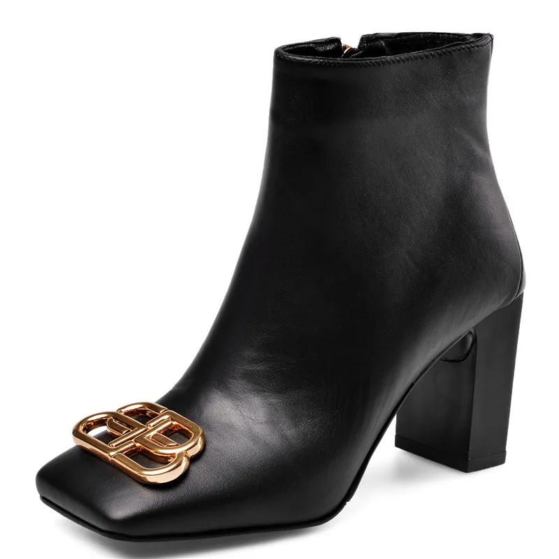 

Metal Decor High Heel Women Boots Genuine Leather Ladies Dress Shoes Black White Fashion Ankle Boots Female Woman's Square Boots