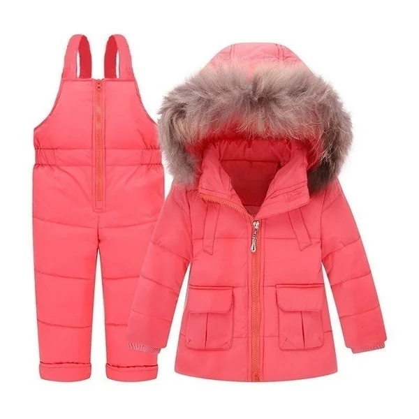 

2020 Fashion Kids Baby Winter Down Coat Children Warm Jackets Outerwear Coat+Pant Clothing Set Trim Hooded Coat Kids Down Jacket
