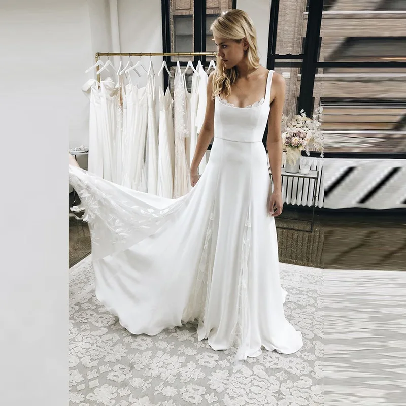 

FOLOBE Simple Chiffon Bridal Wedding Dress Sleeveless Square Collar Backless Lace Embroidered vestidos de novia Wedding Dresses