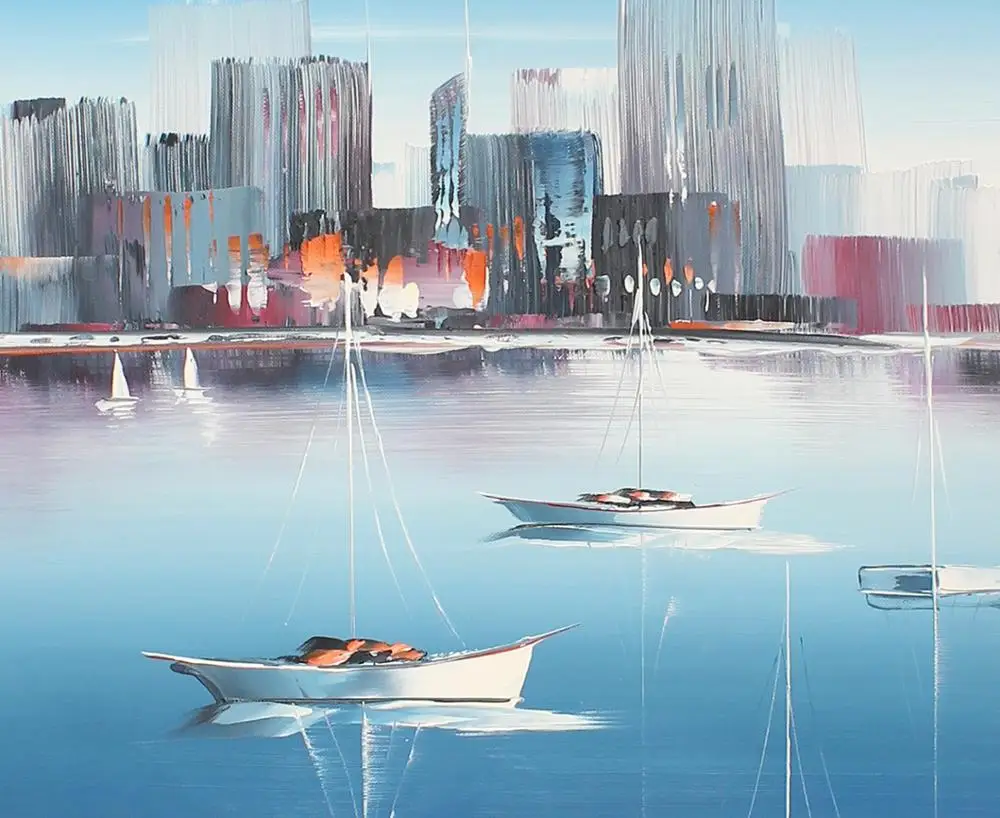 

Handpainted Calm Harbour Oil Paintings on Canvas Wall Art for Living Room Blue Art for Bedroom Bathroom Wall Decor