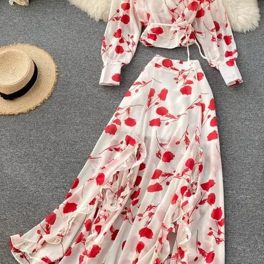 

Sexy Chiffon Two Piece Set Women Autumn Boho Chic Vacation Beach Short Tops And Ruffle Irregular Long Skirt Female Print Set New