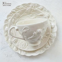 european coffee cup dish set afternoon tea cup heavy industry stereo rose light yellow ceramic dish plate