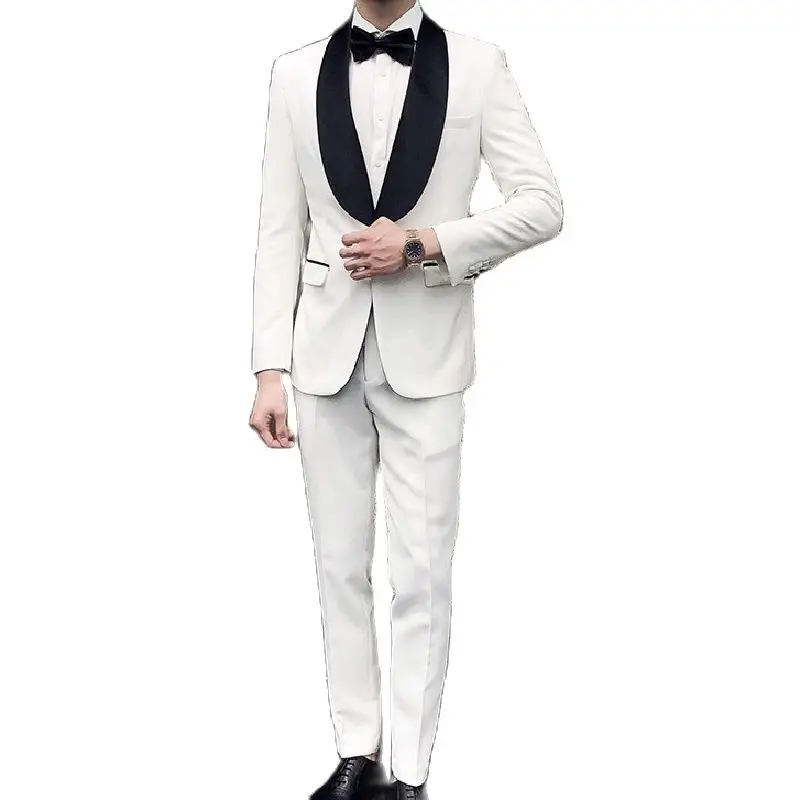 

Банкетный костюм Для мужчин Slim Fit праздничная одежда шаль блейзеры с воротом + штаны изысканный белый мужские свадебные наряды