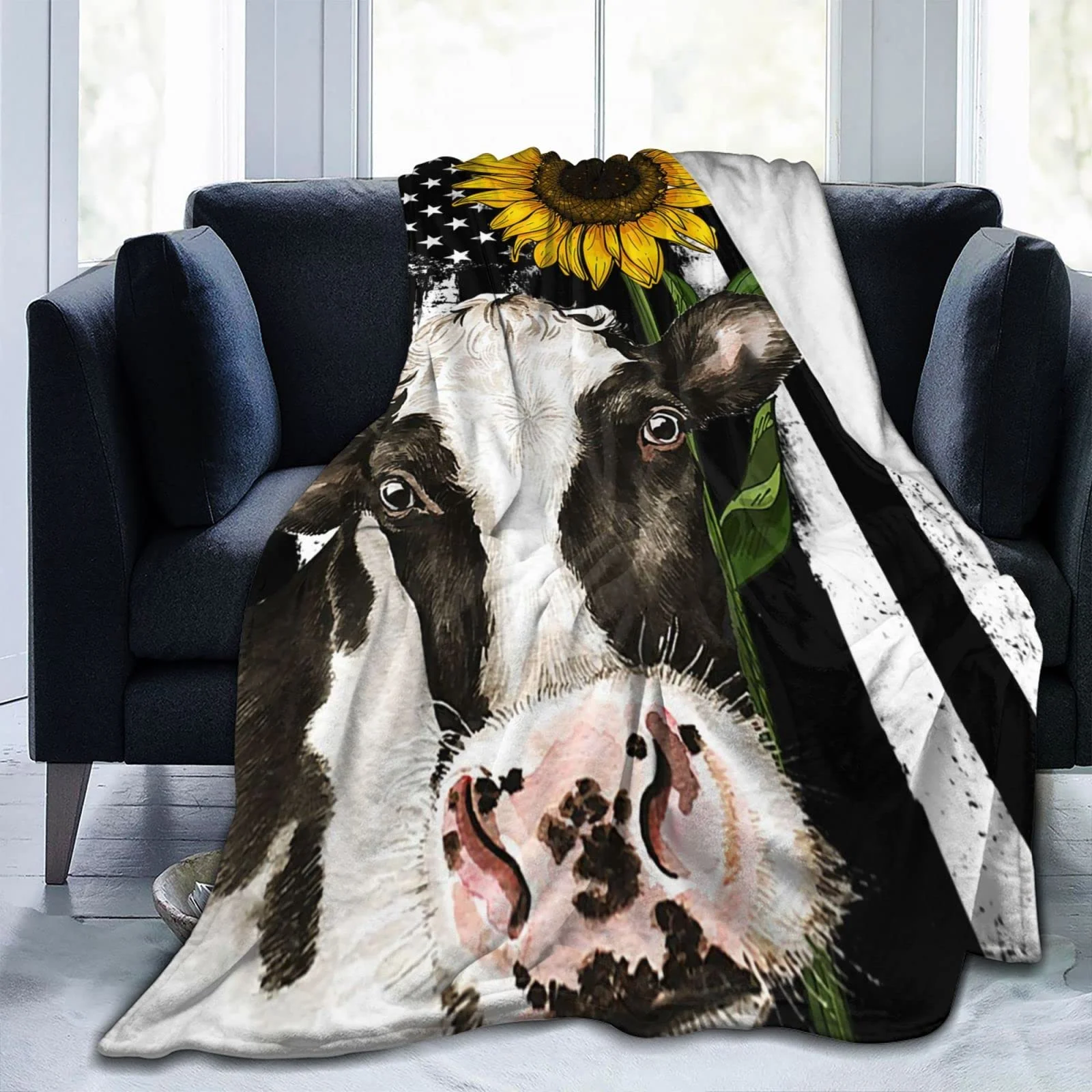 

Flannel Eco-Friendly Sheet Soft American Flag Cow Lover Winter Fleece Blanket Warmer Baby Adult Boy Girl Travel 60*80 Inch
