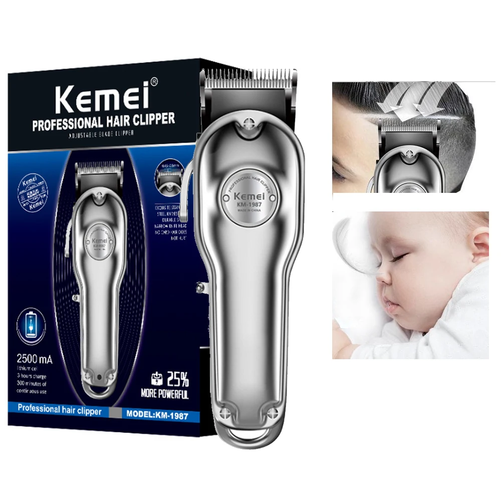 

Kemei 1987 профессиональная электрическая машинка для стрижки всех металлических волос, мощный беспроводной триммер для волос, Мужская машинка для стрижки волос серебристого и золотого цвета
