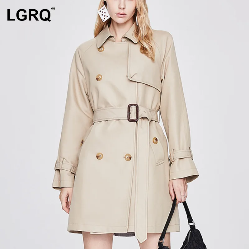 

[LGRQ] Khaki Metal Button Women's Trench New Lapel Long Sleeve Loose Fit Windbreaker Fashion Tide Spring Winter 2021 19D4071