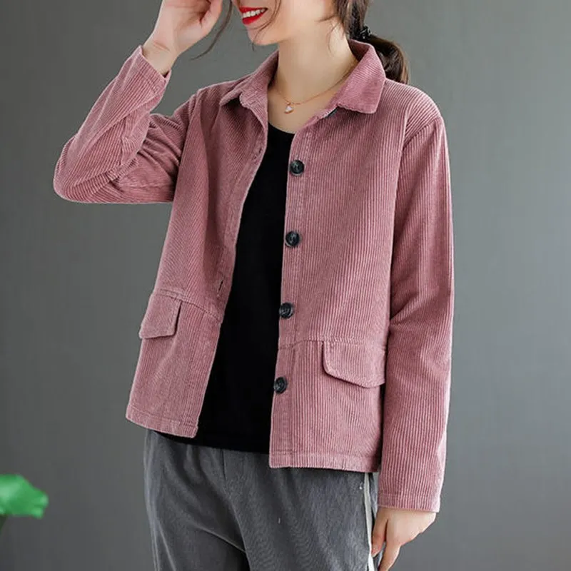 Autumn and winter new style Korean fashion corduroy long-sleeved ladies short coat loose retro solid color casual corduroy top