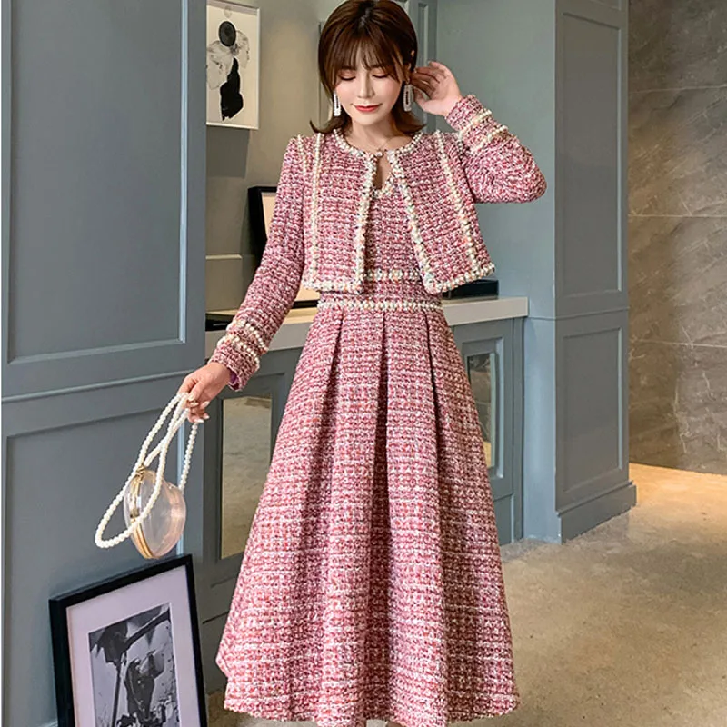 

Winter New Fashion Women's Stitching Webbing Tweed Short Coat and Dress Two-Piece Suit High Quality Beading Woolen Cloth 2 Pi