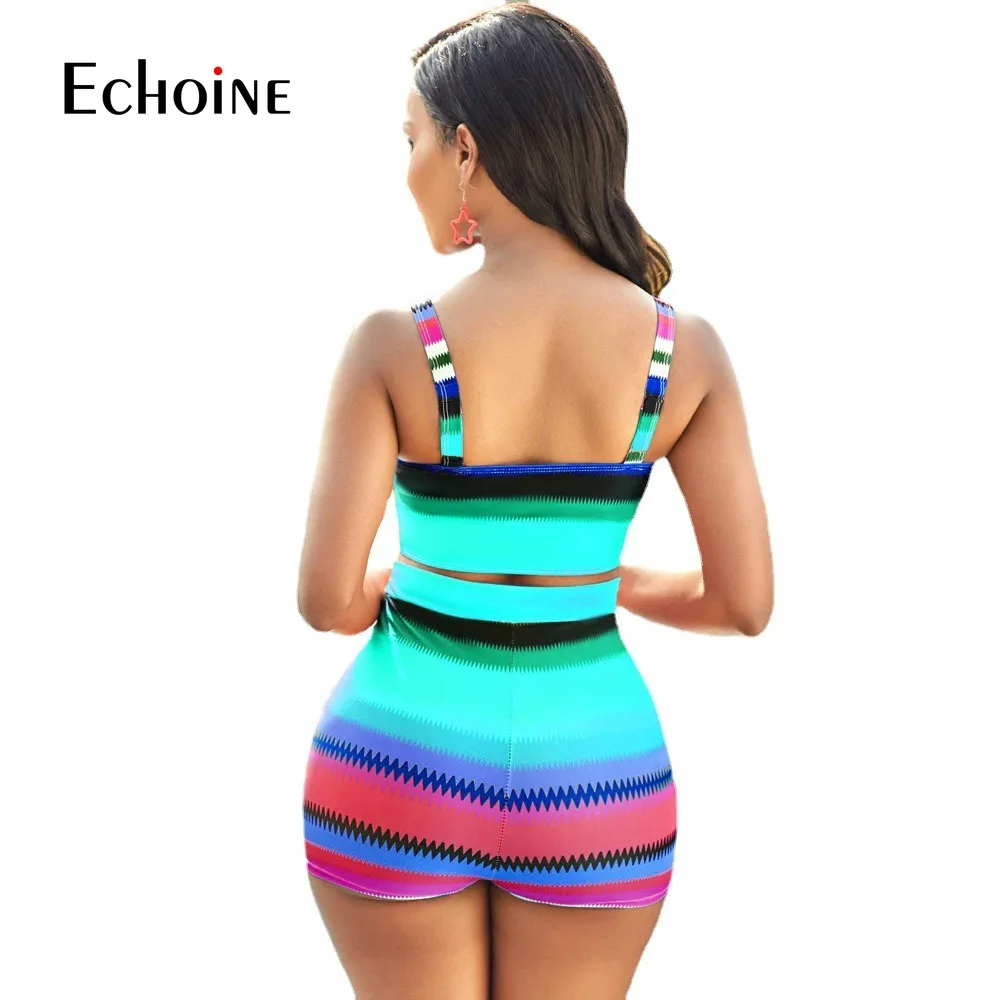 

Echoine Women Summer Print Two Piece Bathing Suit Outfits Beachwear Swimsuit Crop Top Biker Shorts Sexy bikini Matching Sets