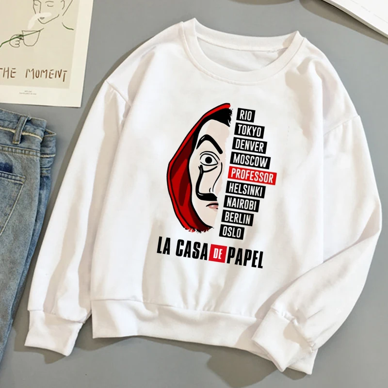 

La Casa De Papel Money Heist Print Women White Hoodie Winter Oversized Hoodies Sweat Tops Female Harajuku Thick Pullover Clothes