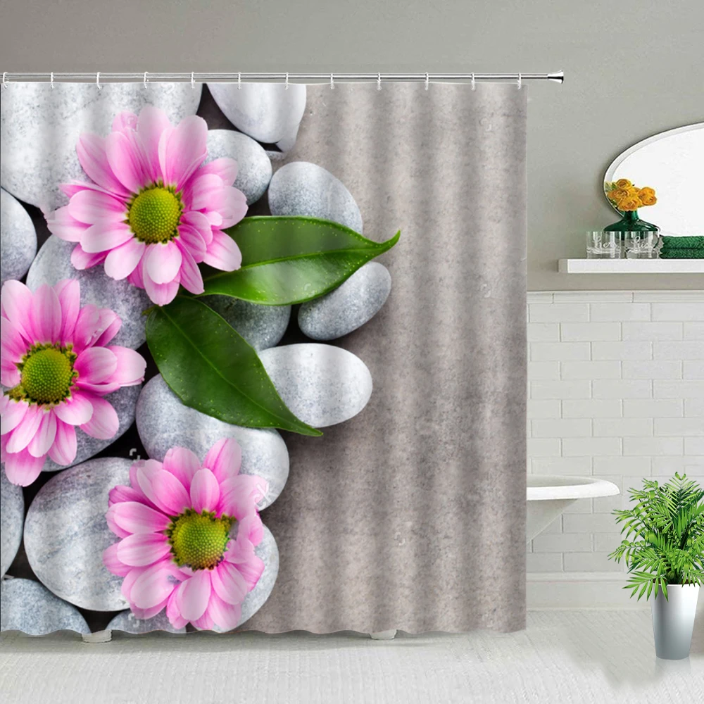

Stone Flower Scenery Shower Curtain Set Sunflower Rose Floral Plant Butterfly Landscape Bathroom Screen Bathtub Hanging Curtains