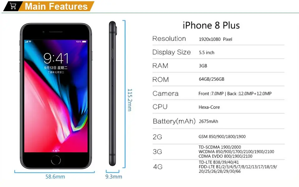 Apple iPhone 8 Plus 5," Hexa Core iOS 3 Гб ram 64/256 ГБ rom 12MP отпечаток пальца 2691 мАч 4G LTE разблокированный мобильный телефон