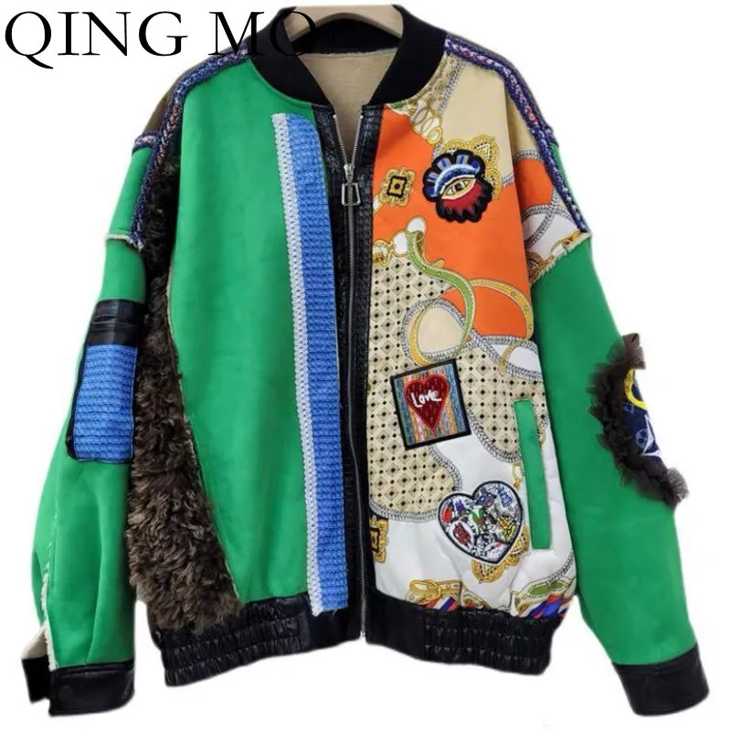 

QING MO Fashion Contrast Stitching Printed Jacket Women 2021 Winter New Deerskin Velvet Thick Warm Cardigan Women Jacket ZWL1546