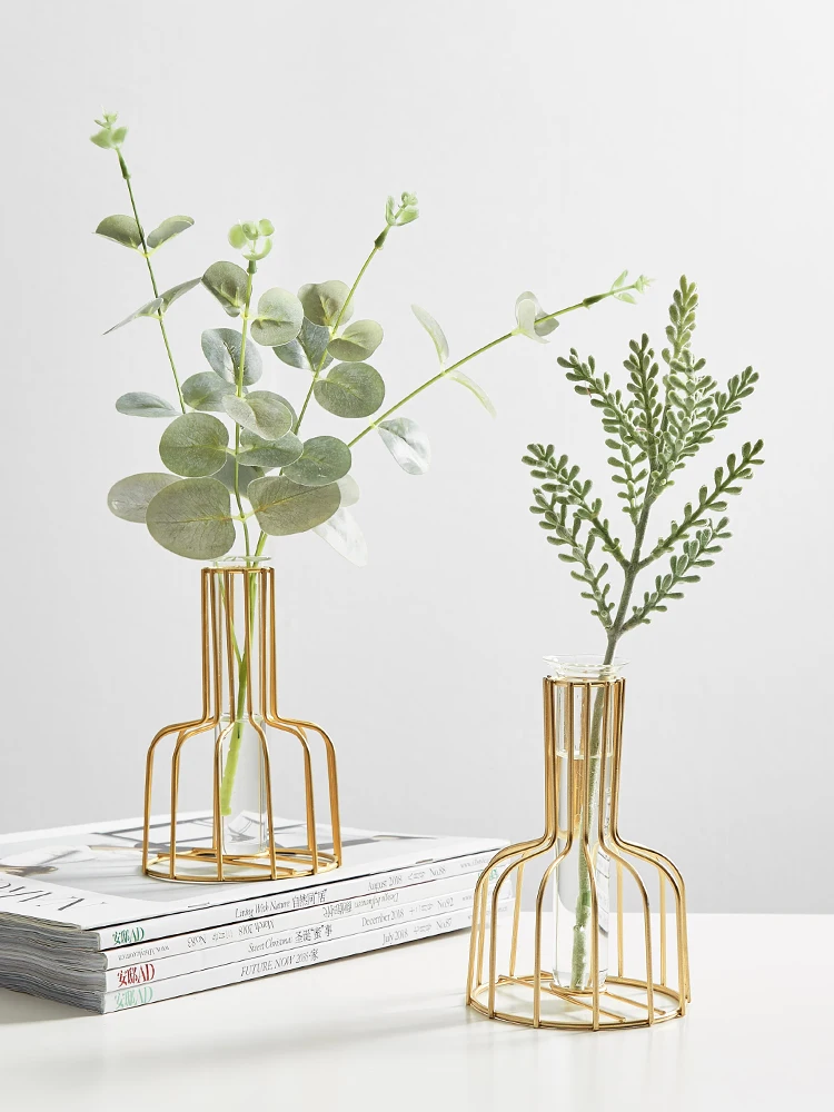 

Golden Small Vase Light Luxury Dried Flower Ornaments Living Room Dining Table Modern Minimalist Glass Tea Table Decorations