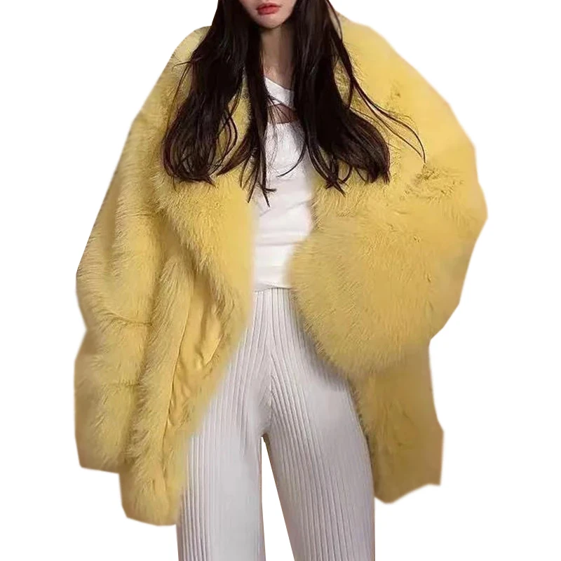 New Winter Women Faux Fox Fur Coat Female Turn Down Collar Thick Warm Long Sleeve Jacket Yellow Elegant Girl Oversized Outerwear
