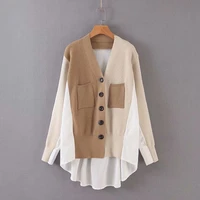 women elegant cardigan sweater back patchwork long sleeve buttons pocket office lady knit sweaters sweater
