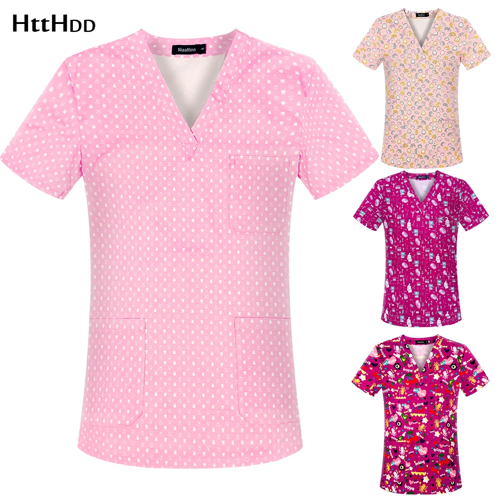 

Hot Sales Nurse uniform v Neck Tops Working Uniform Women Cute Cartoon Print Nursing Blouse nurses uniform Scrubs Top
