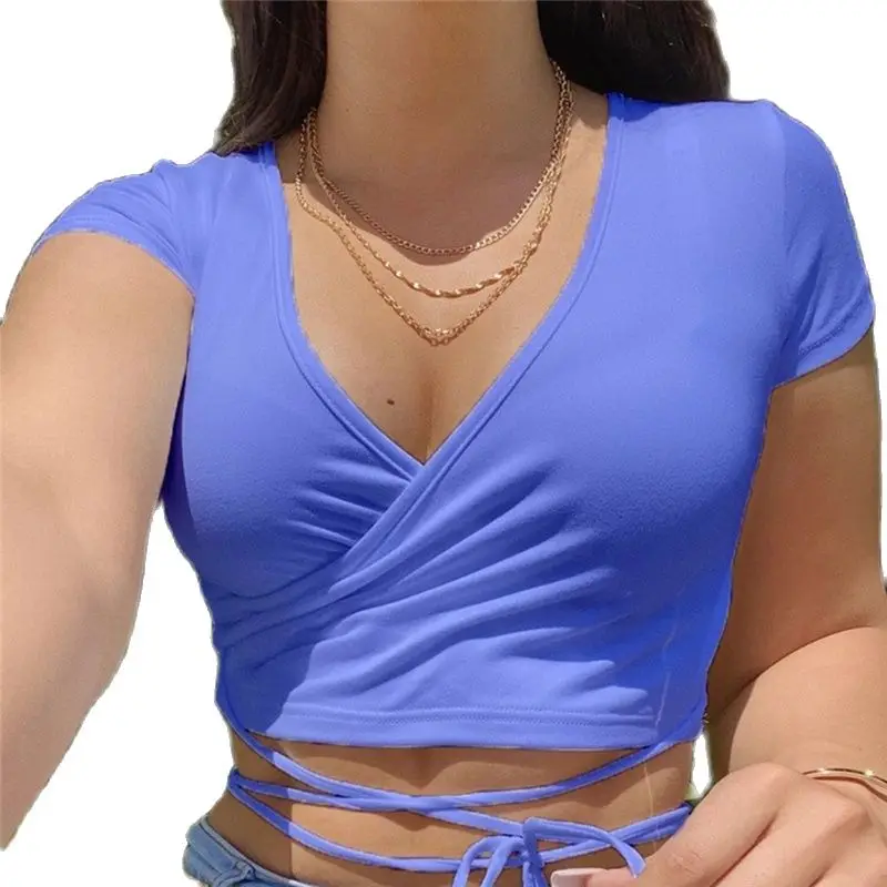 

2021 Summer Solid V Neck T Shirts Women Short Sleeve Short Tops Crop Tops Ladies Casual Tops Tees Female Shirts White Pink