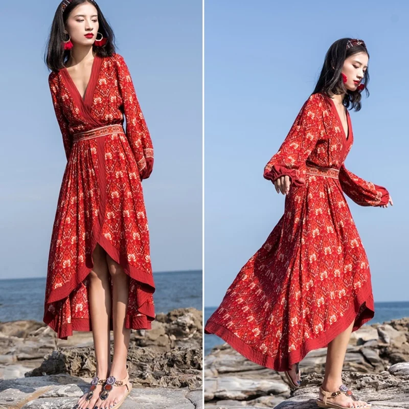 Шикарные Повседневные платья в стиле бохо для женщин 2019 красное Цветочное платье