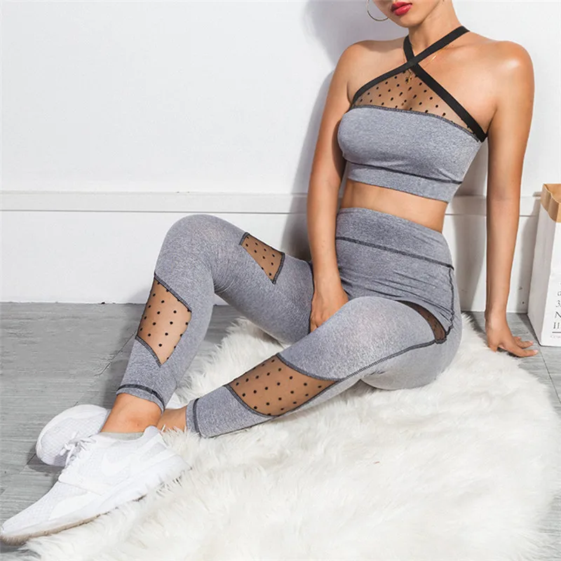 Fitness Female Yoga Set Ensemble Women Sport Suit Tracksuit Hollow Out Sexy Workout Gym Wear Running Clothes Mesh Sportswear | Спорт и
