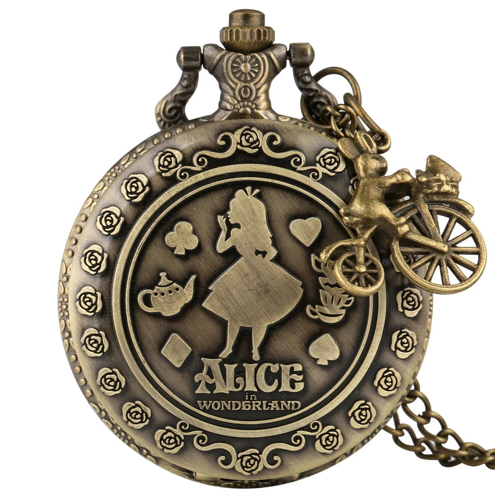 

Bronze Alice In Wonderland Quartz Pocket Watch with Nice Accessory Casual Arabic Number Steampunk Clock Necklace Pendant Watches