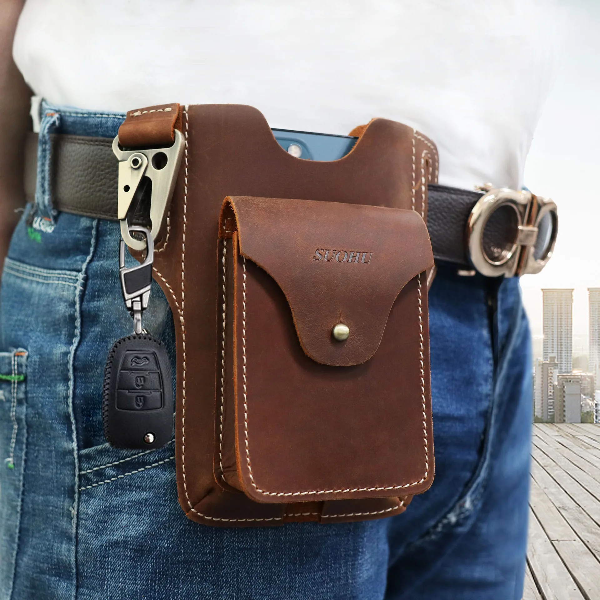 

Leather retro men's mobile phone bag crazy horse leather belt multifunctional sports mobile phone waist bag