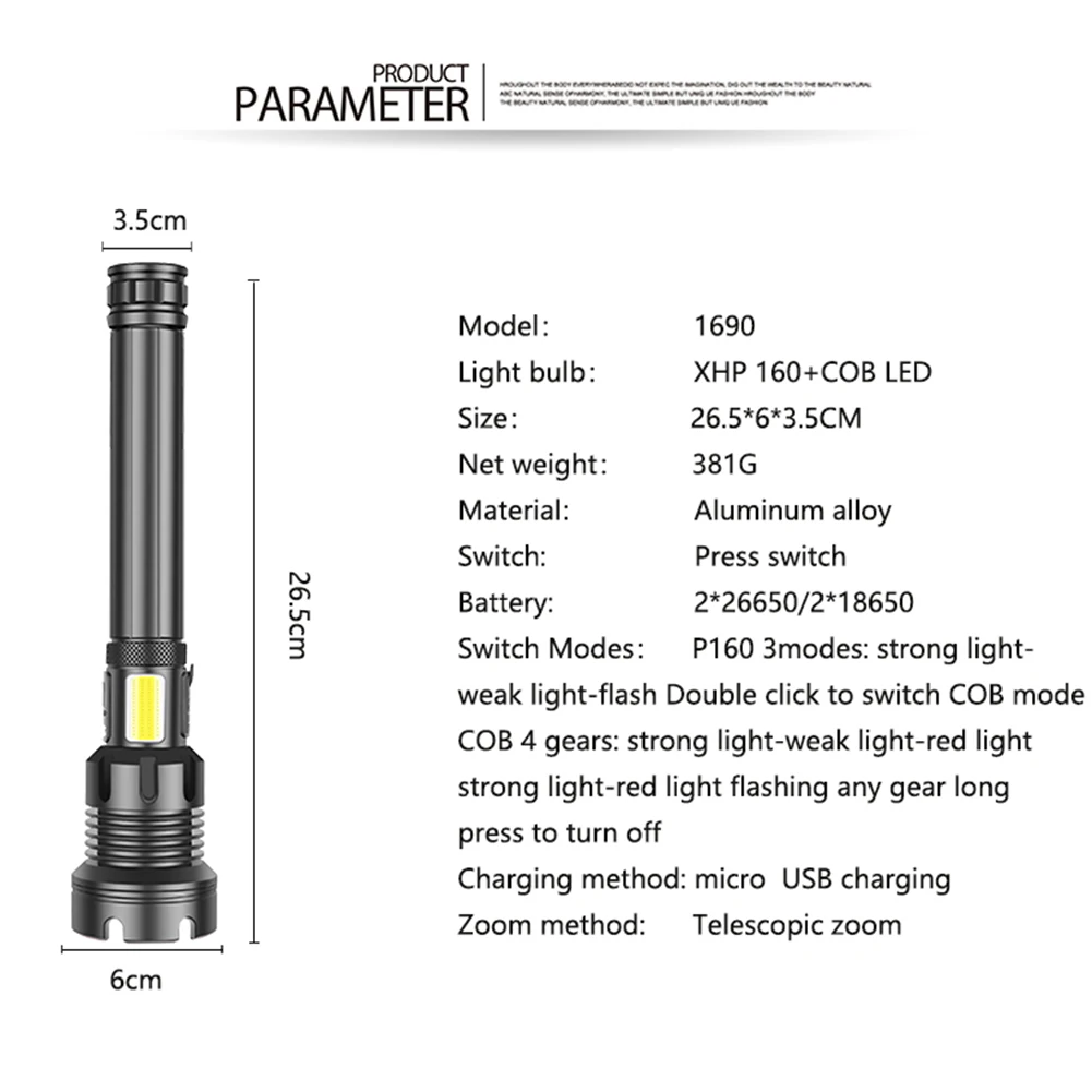 

Outdoor LED/COB Searchlight 3 Lighting Modes USB Rechargeable Portable Camping Hunting Light Adjustable Waterproof Flashlight