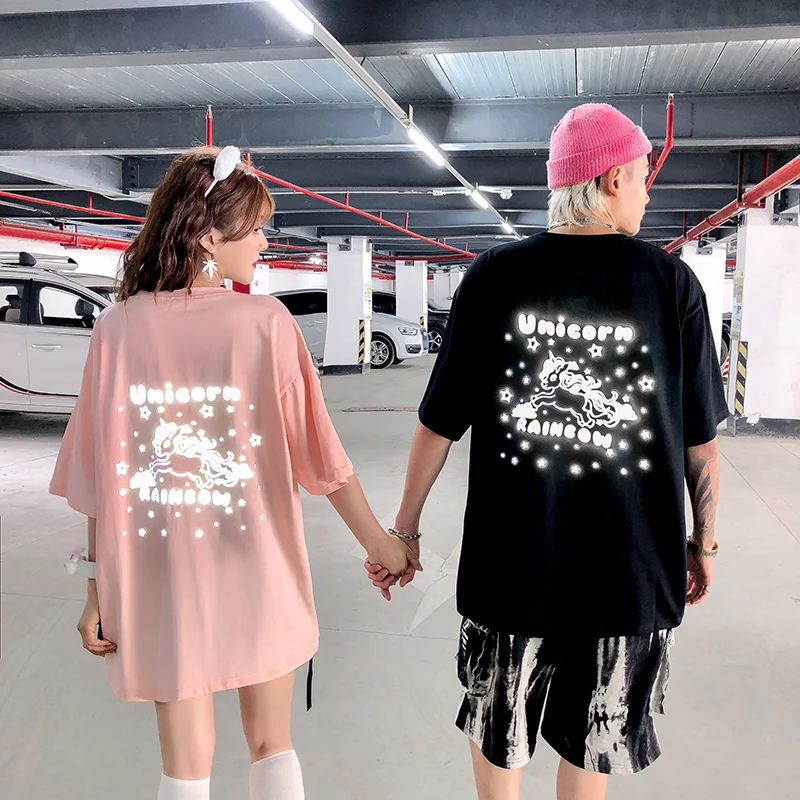 Лето 2020 3 м светоотражающая футболка с мультипликационным принтом для пары