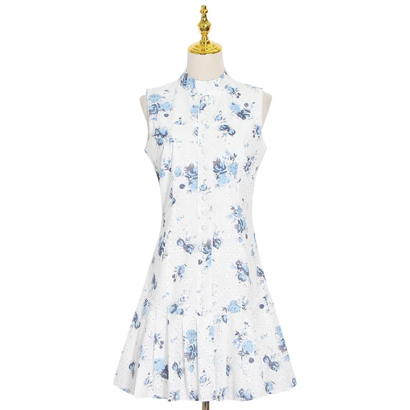 

Summer new fresh pastoral collar crochet hollow flounces floral slim dress