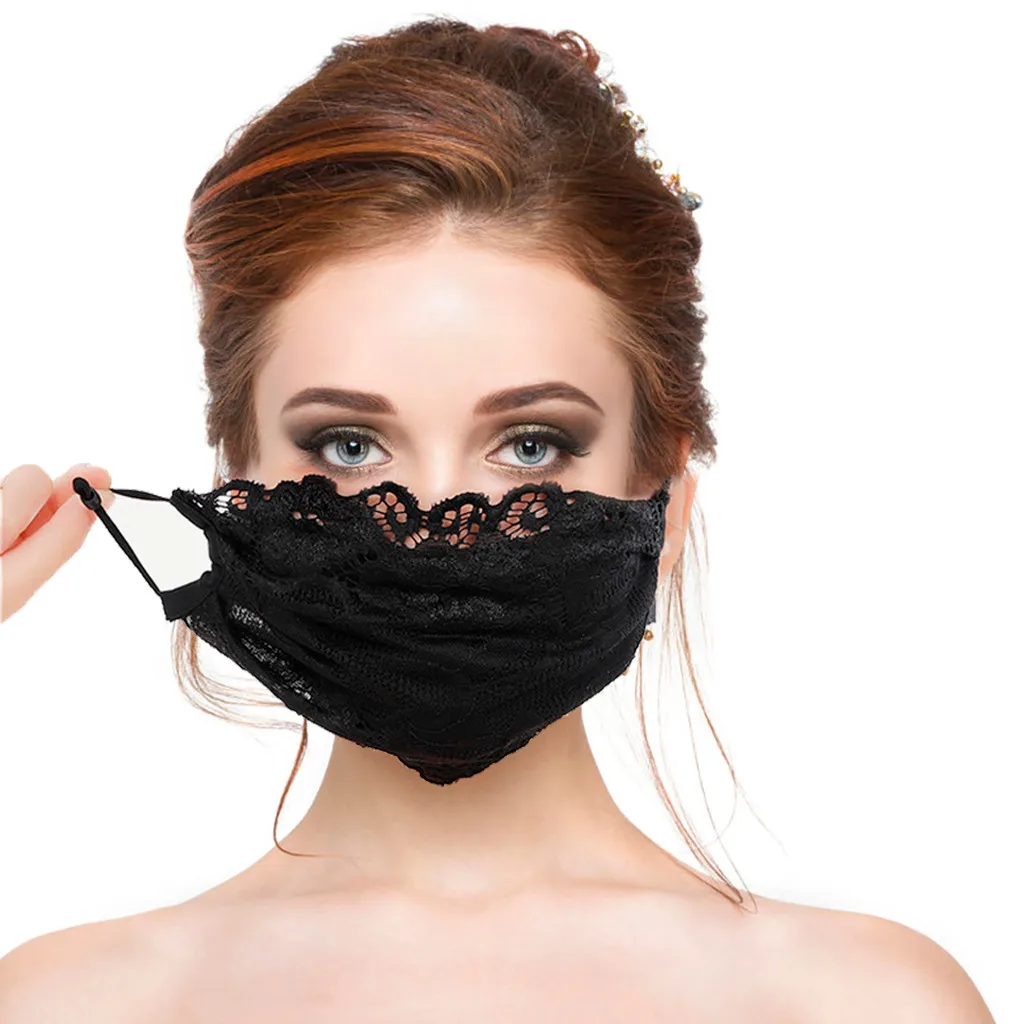 Ladies Black Flower Embroidery Lace Adjustable Mesh Thin Breathable Mask Reusable Washable beauty party mask | Дом и сад