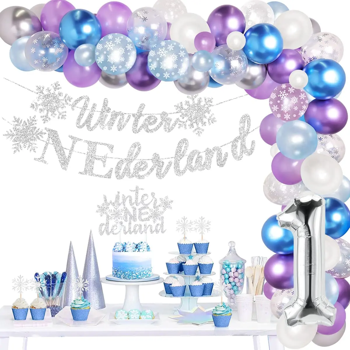 Decoraciones para fiesta de primer cumplea&ntilde;os para ni&ntilde;a, conjunto de guirnalda de globos de invierno, para pastel pancarta de copo de nieve, adorno n&uacute;mero 1, globo de aluminio-0