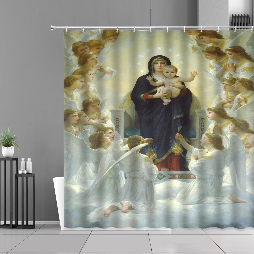 

Jesus Birth Europe Oil Painting Shower Curtains Heaven Angel Pattern Retro Home Bathroom Decor Waterproof Hooks Bath Curtain Set